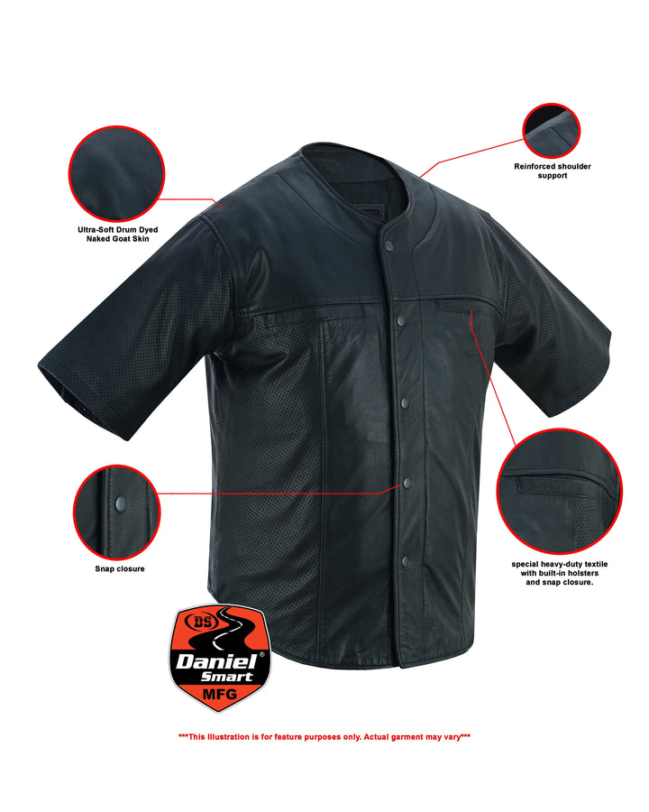 Men's Leather Baseball Motorcycle Shirt - Black