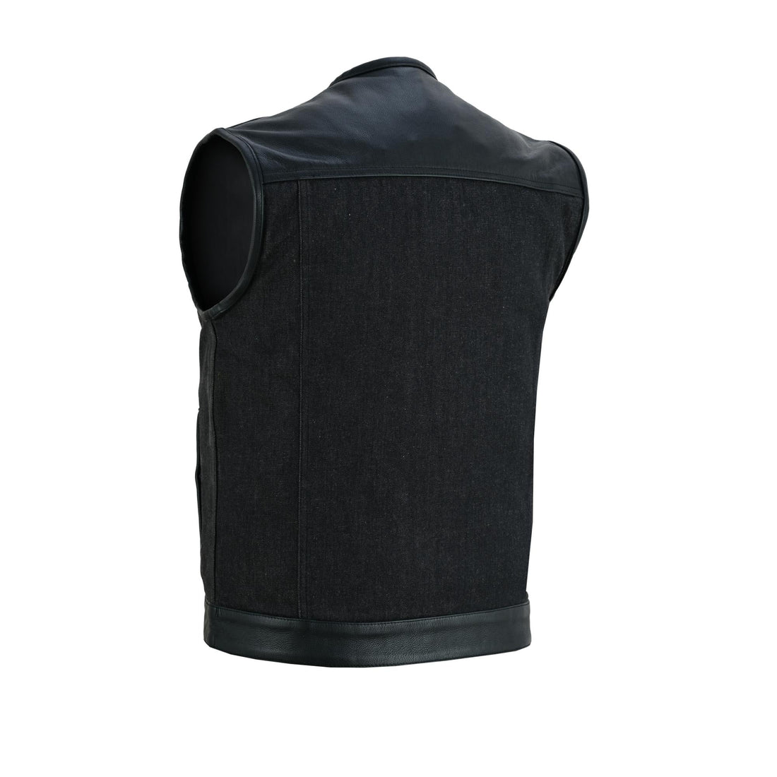 Men's Leather-Denim Combo Motorcycle Vest - No Collar