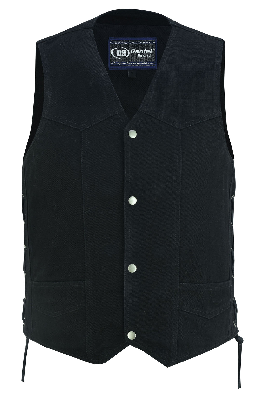 Men's Traditional Denim Motorcycle Vest with Side Laces â€“ Smart Access Pockets