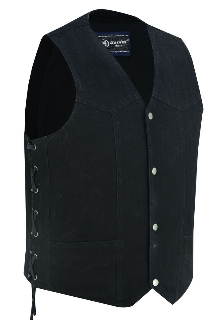 Men's Traditional Denim Motorcycle Vest with Side Laces â€“ Smart Access Pockets