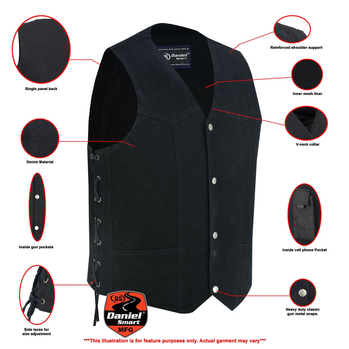 Men's Traditional Denim Motorcycle Vest with Side Laces â€“ Smart Access Pockets