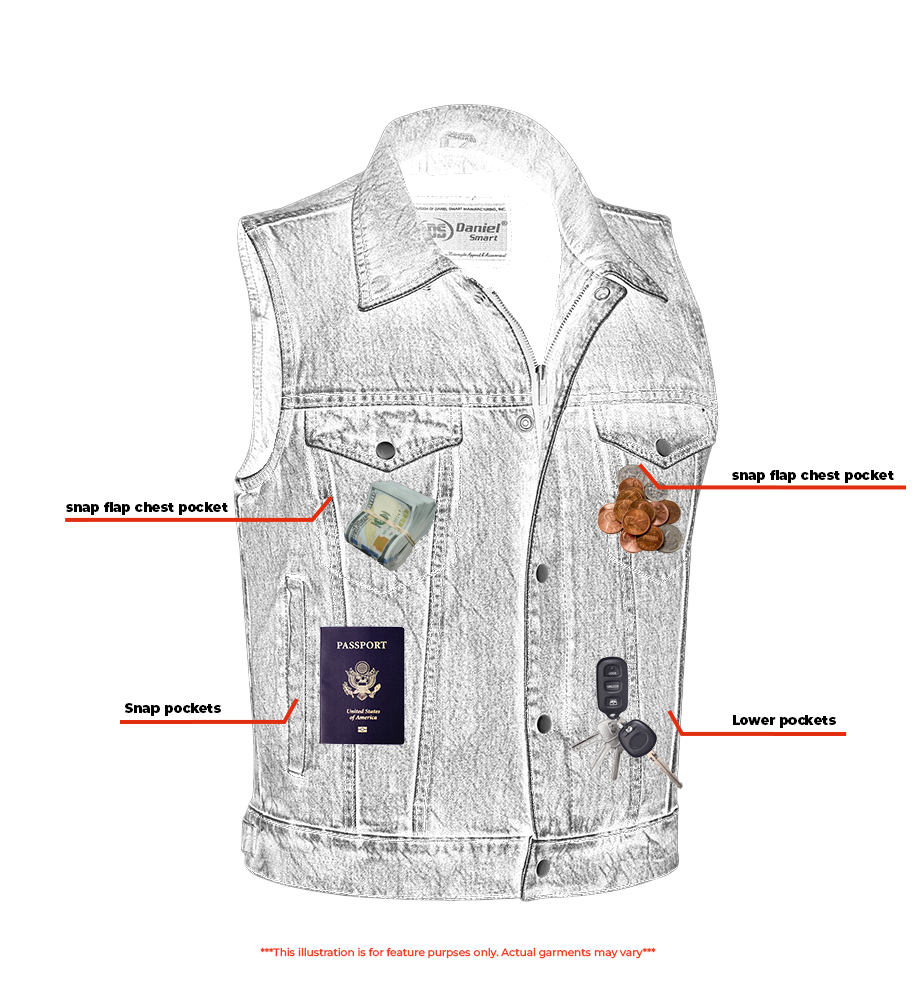 Blue Men's denim motorcycle vest with Snap/Zipper Front