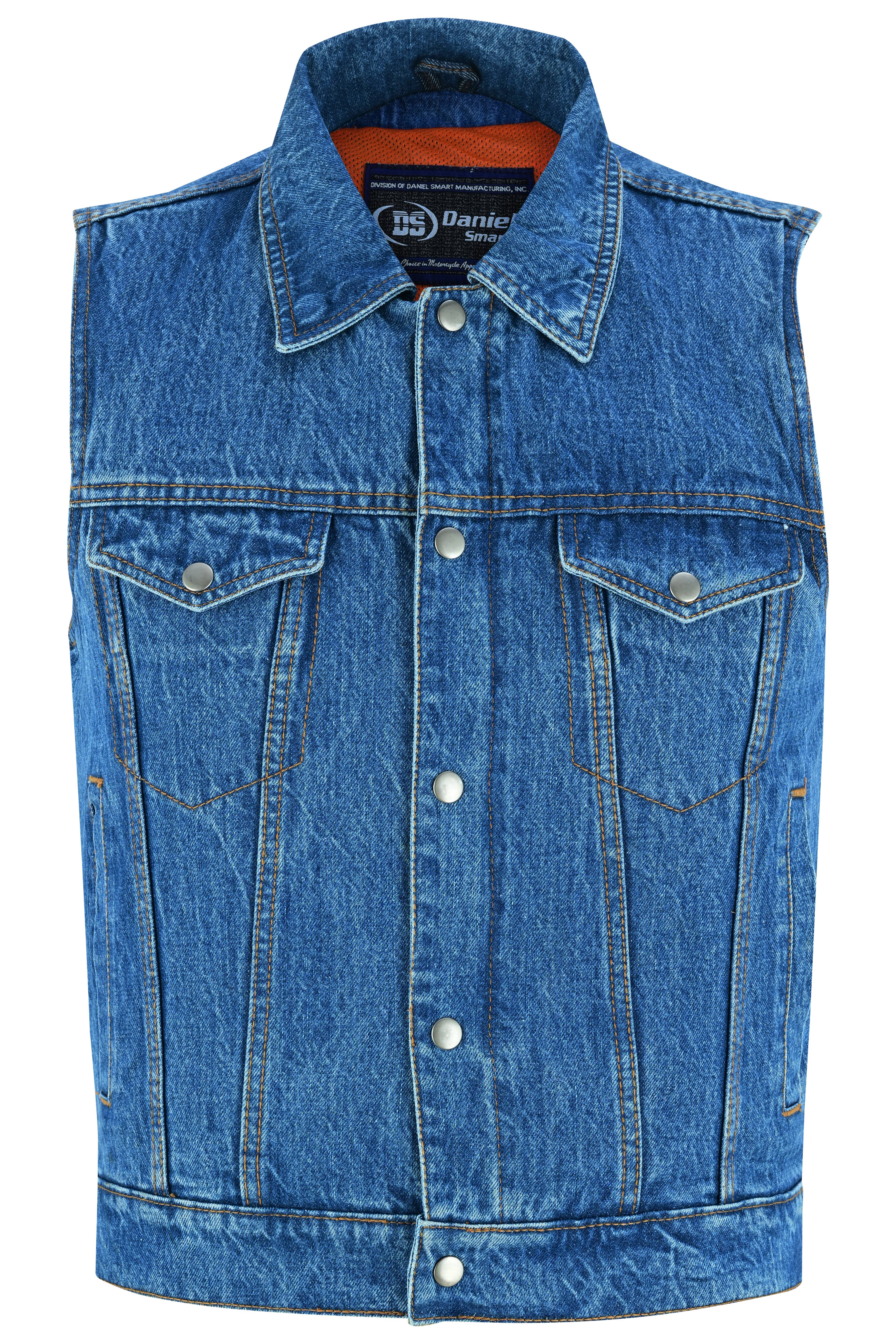 Blue Men's denim motorcycle vest with Snap/Zipper Front