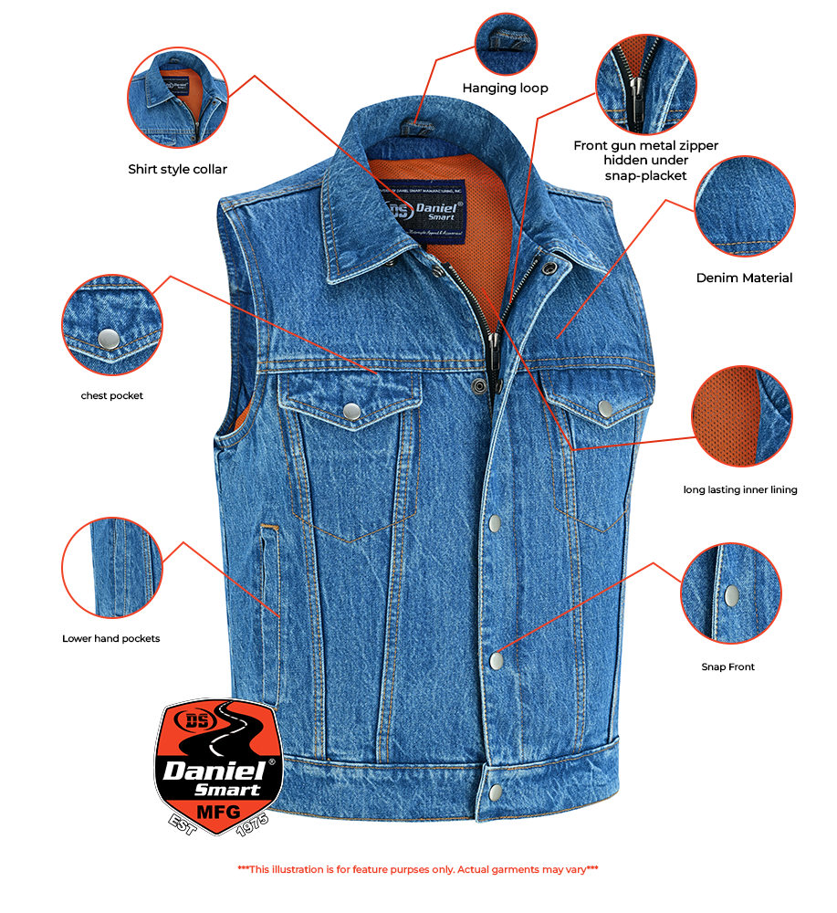 Blue Men's denim motorcycle vest with Snap/Zipper Front