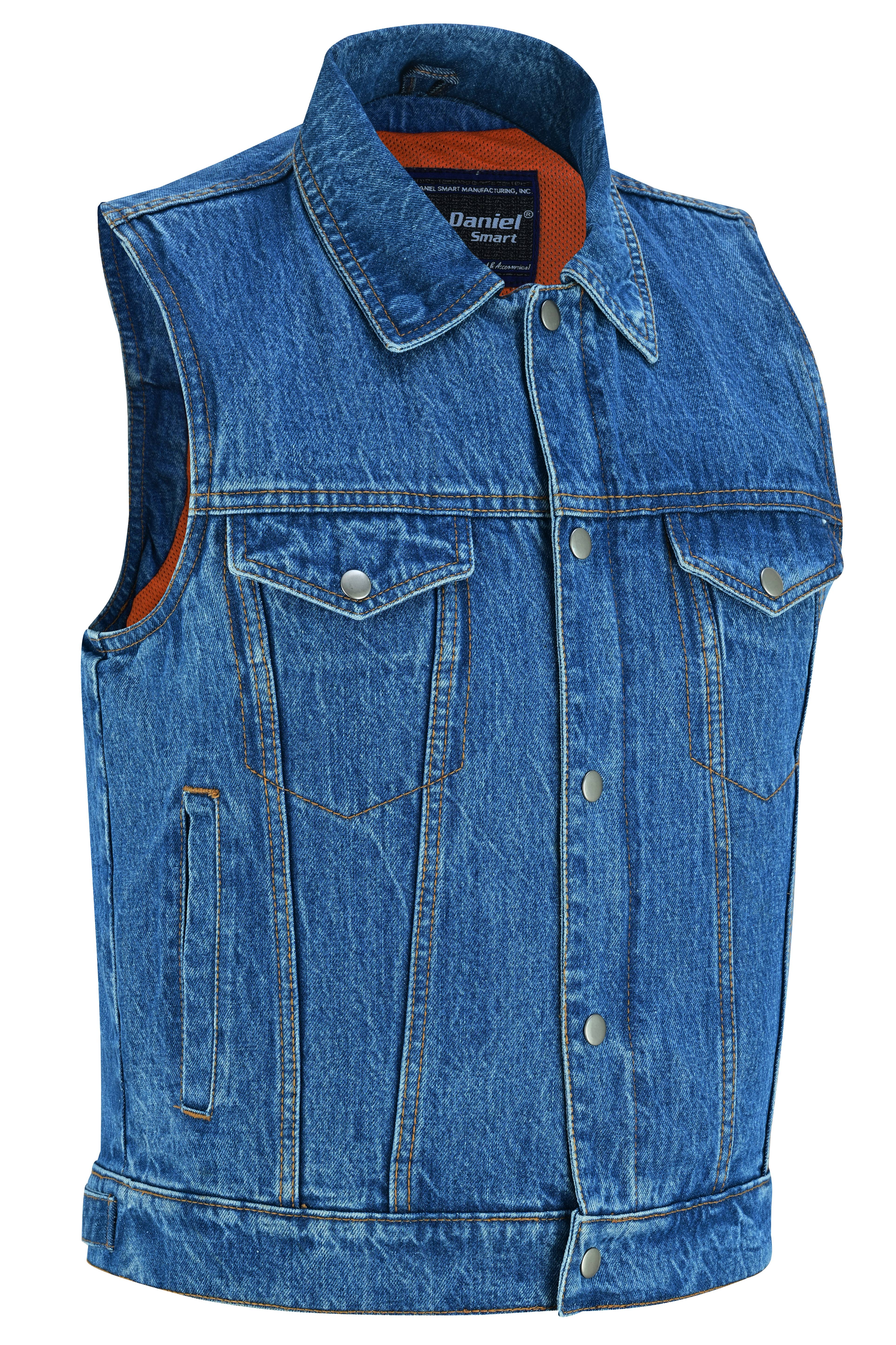 Blue Men's denim motorcycle vest with Snap/Zipper Front