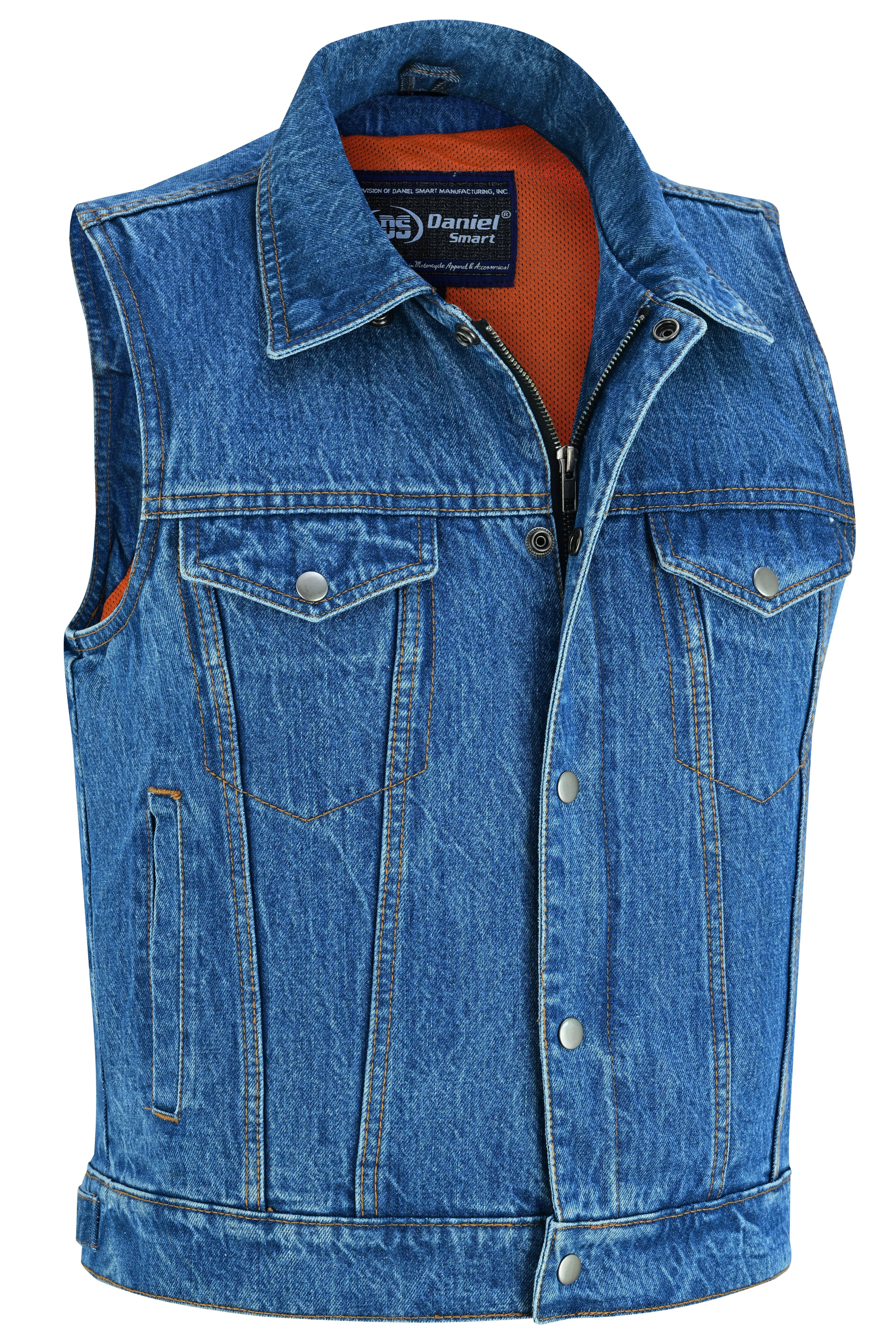 Blue Men's denim motorcycle vest with Snap/Zipper Front