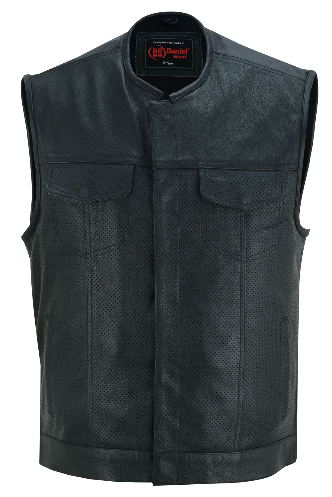 Men's Collarless Perforated Leather Vest - Black