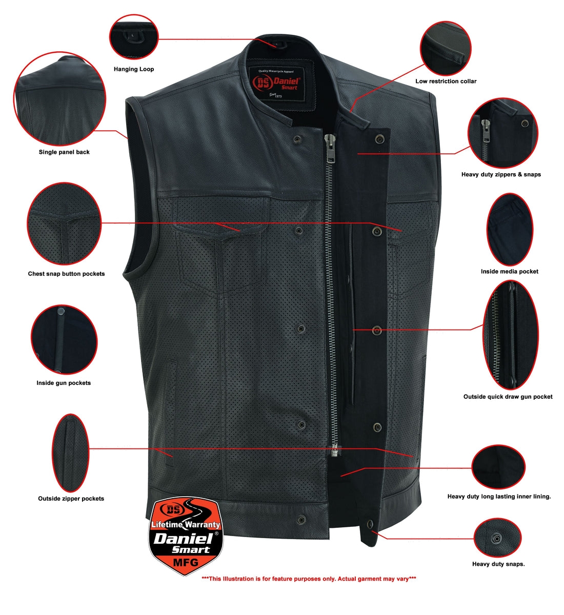 Men's Collarless Perforated Leather Vest - Black