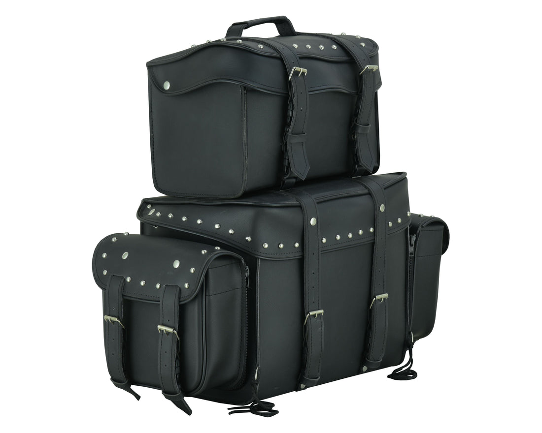 Leather Black PVC Large 4 Piece Motorcycle Touring Tail Bag wi