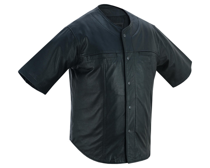 Men's Leather Baseball Motorcycle Shirt - Black