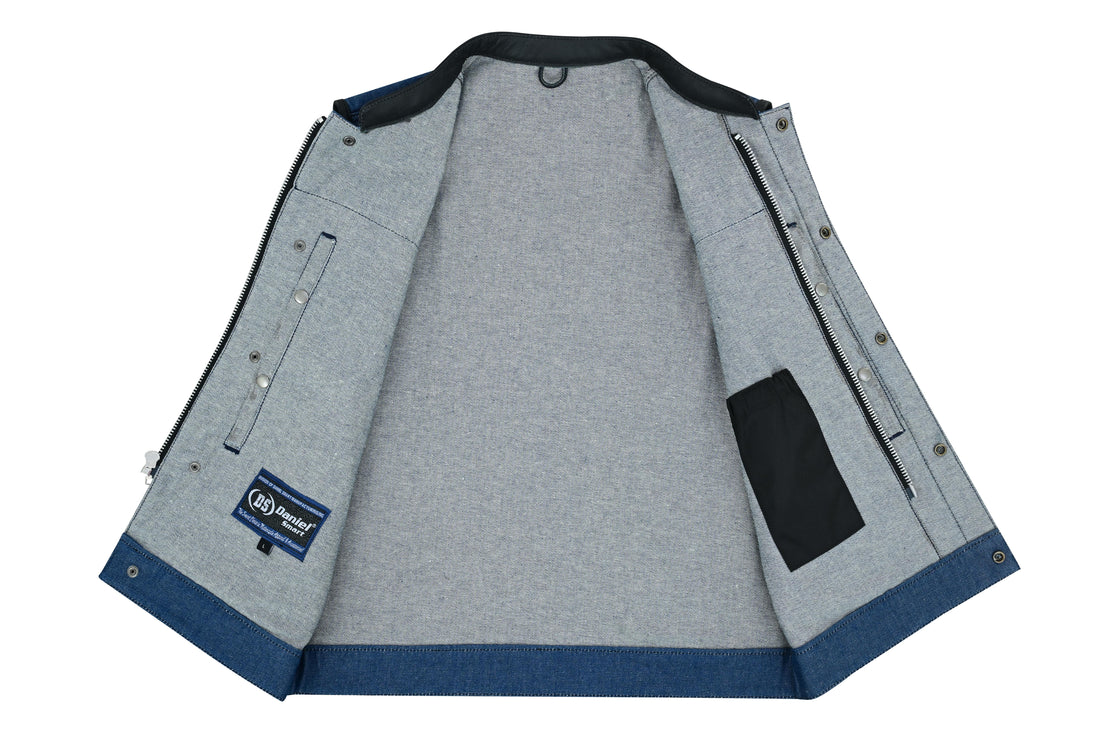 Men's Upgraded Broken Blue Denim Motorcycle Vest w/Leather Trimming