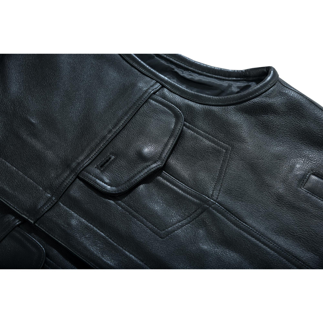 Highway Jack Men's Black Leather Motorcycle Vest Scoop Neck & Snap-Closure Pockets