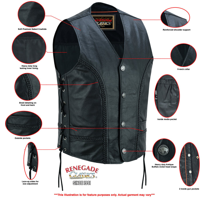 Charlie Men's Black Braided Leather Motorcycle Vest & Lace-Up Sides
