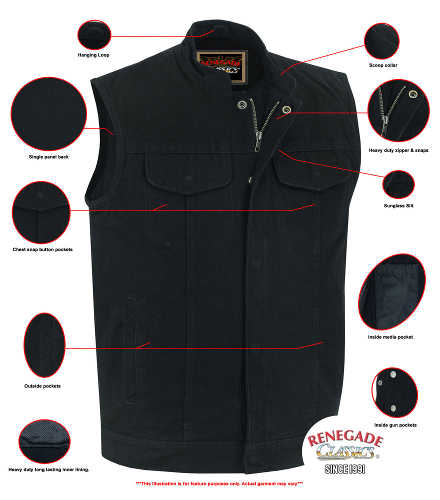 Weston Black Men's Denim Motorcycle Vest â€“ Single Panel Back