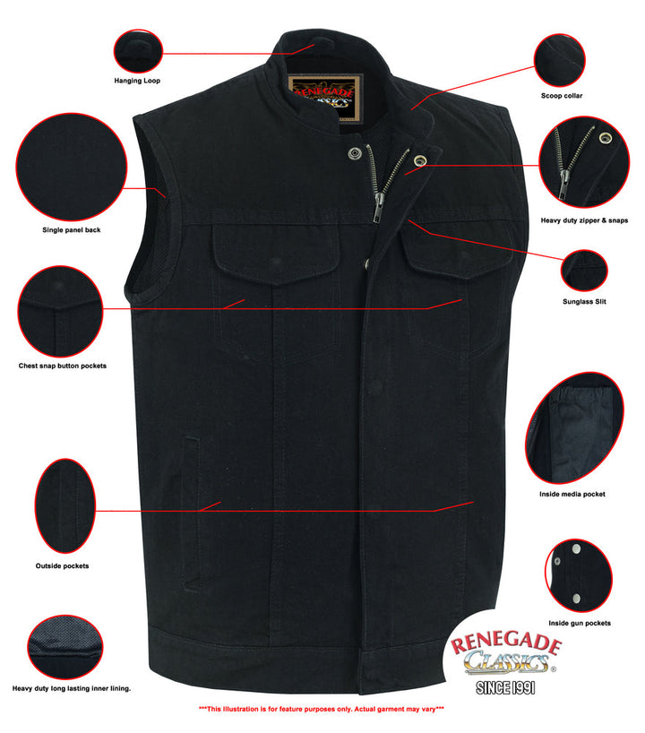 Weston Black Men's Denim Motorcycle Vest â€“ Single Panel Back