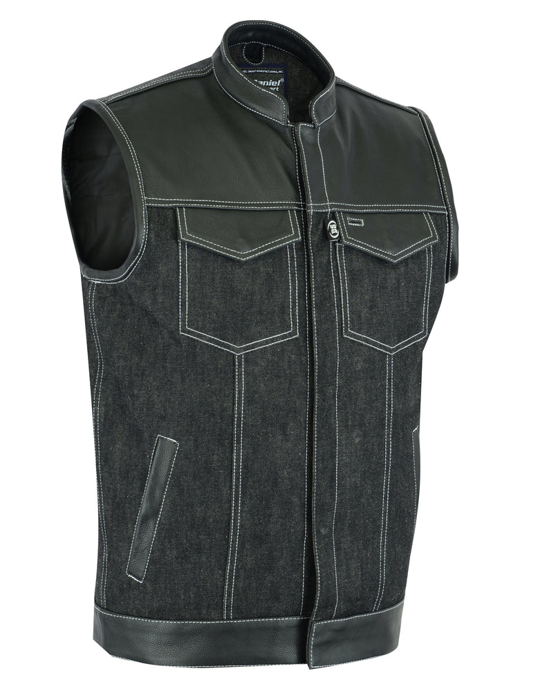 Men's Leather-Denim Combo Motorcycle Vest w/ Scoop Collar