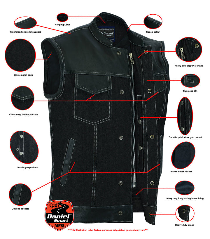 Men's Leather-Denim Combo Motorcycle Vest w/ Scoop Collar