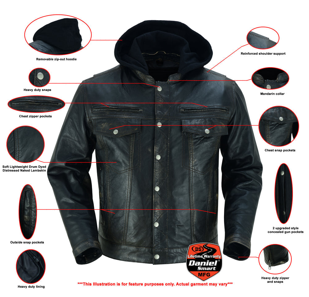 Men's Black Lightweight Drum Dyed Distressed Lambskin Jacket with Removable Hoodie