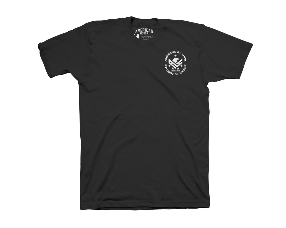 American by Luck Patriot by Choice Black Men's T-Shirt