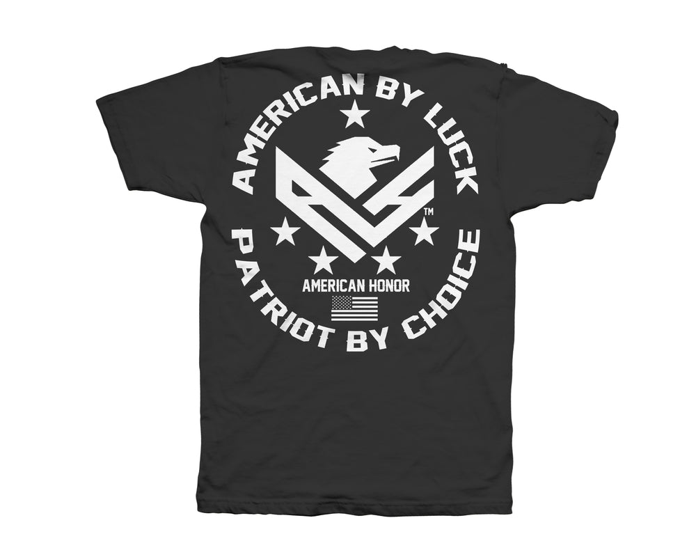 American by Luck Patriot by Choice Black Men's T-Shirt