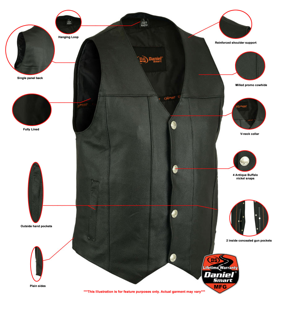 Men's Milled Single Back Panel Leather Vest - Black