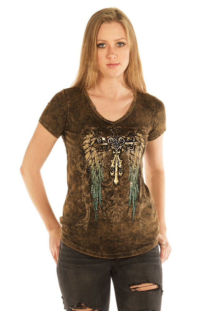 Womenâ€™s Teal Gradient Cross & Wings Short Sleeve Top