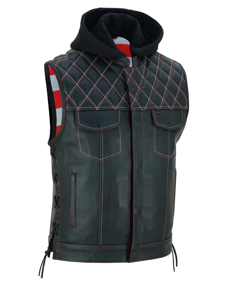 Men's Road Edge Leather Black Vest â€“ Removable Hood
