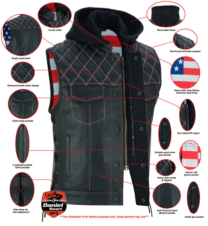 Men's Road Edge Leather Black Vest â€“ Removable Hood