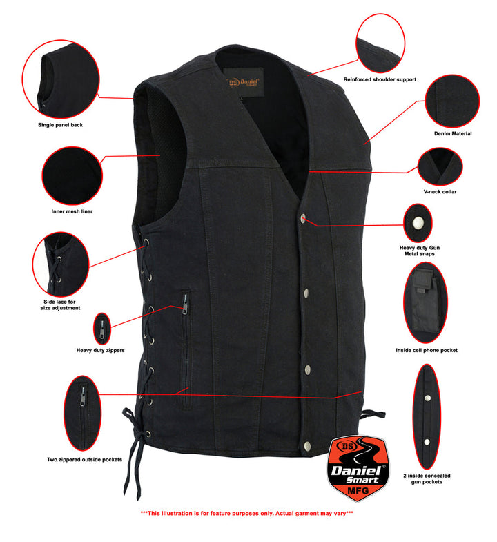 Men's Black Denim Motorcycle Vest â€“ Single Panel Back