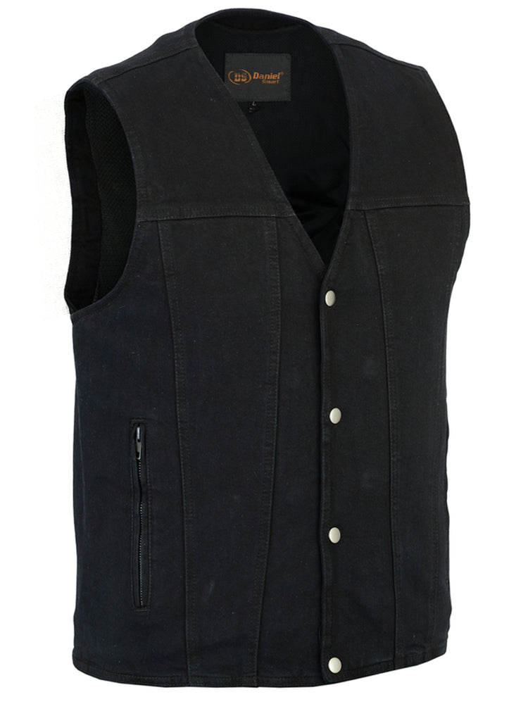 Men's Black Plain sides Denim Motorcycle Vest â€“ Heavy Snaps