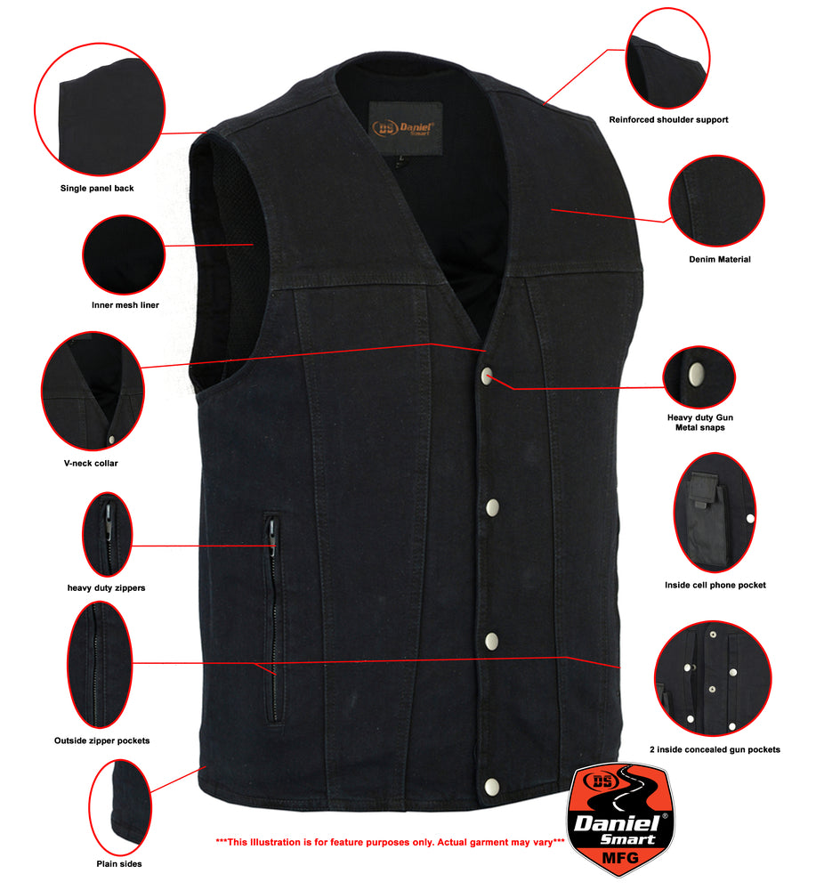 Men's Black Plain sides Denim Motorcycle Vest â€“ Heavy Snaps