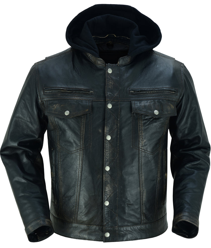 Men's Black Lightweight Drum Dyed Distressed Lambskin Jacket with Removable Hoodie