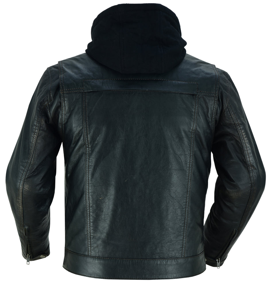 Men's Black Lightweight Drum Dyed Distressed Lambskin Jacket with Removable Hoodie