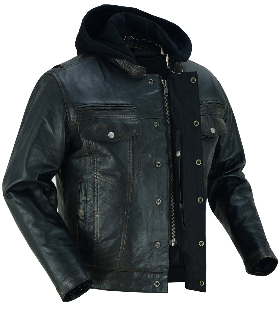 Men's Black Lightweight Drum Dyed Distressed Lambskin Jacket with Removable Hoodie