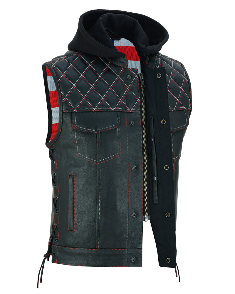 Men's Road Edge Leather Black Vest â€“ Removable Hood