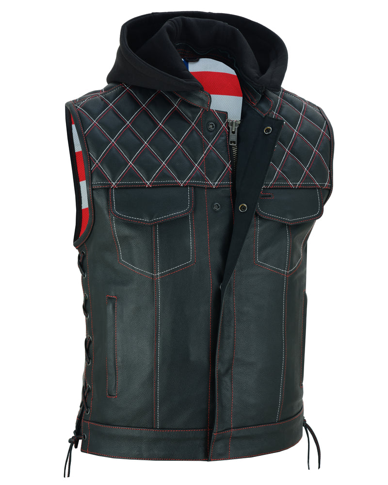 Men's Road Edge Leather Black Vest â€“ Removable Hood