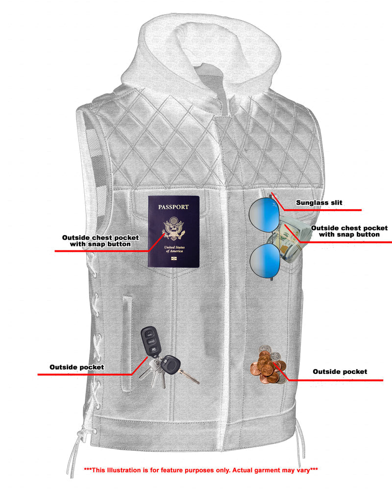 Men's Road Edge Leather Black Vest â€“ Removable Hood