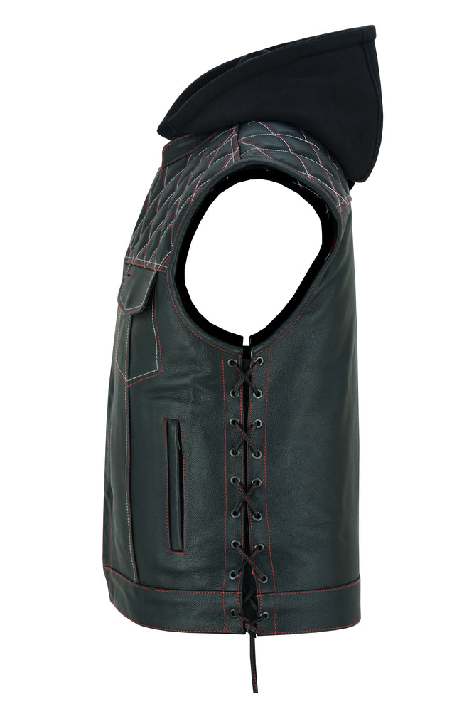 Men's Road Edge Leather Black Vest â€“ Removable Hood