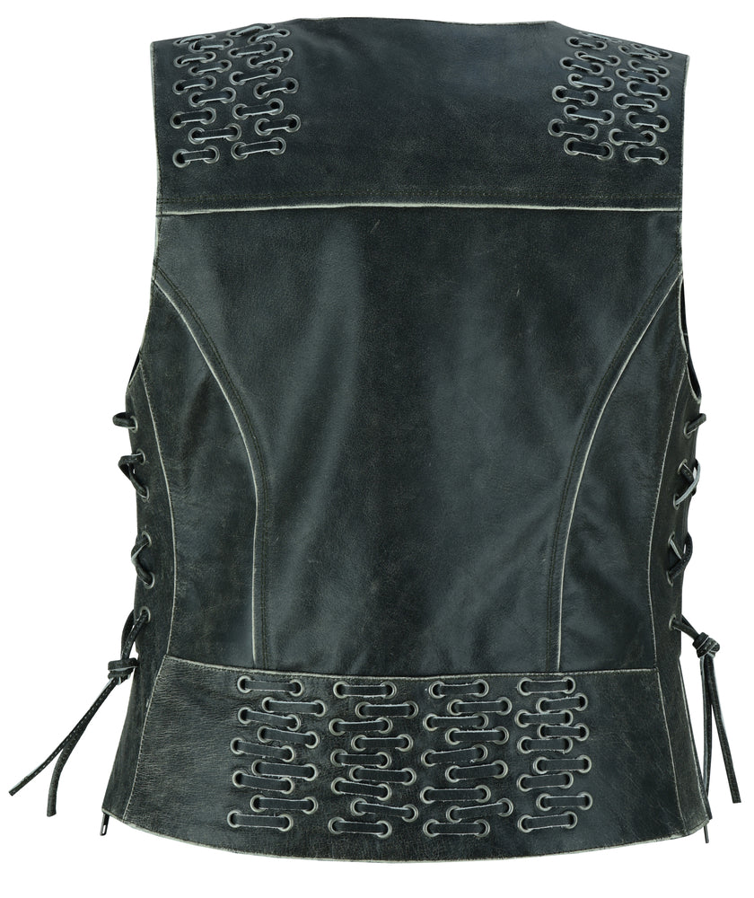Women's Gray Vest with Grommet and Lacing Accents