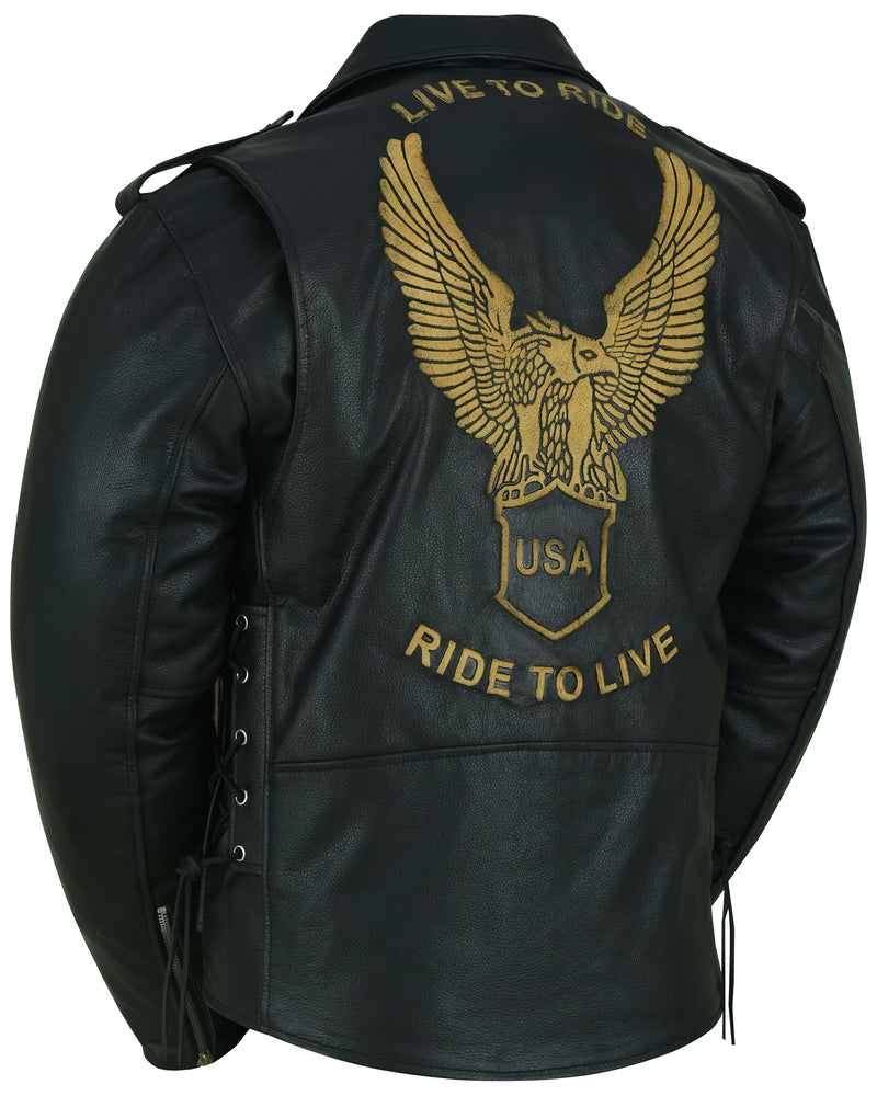 Freedom Rider Black Men's Leather Jacket Eagle Embossed