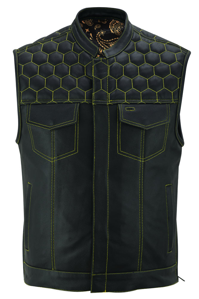 Men's Gold Rush Black Leather Vest - Yellow Stitching