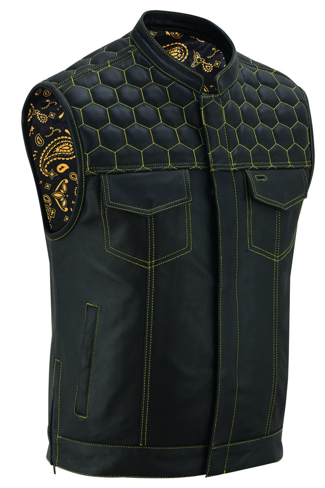 Men's Gold Rush Black Leather Vest - Yellow Stitching