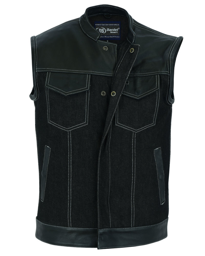 Men's Leather-Denim Combo Motorcycle Vest w/ Scoop Collar