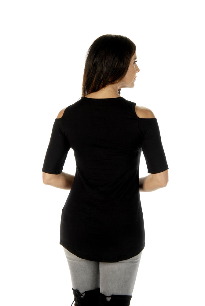 Liberty Wear Women's Bikers, Booze & Babes Embellished Cold Shoulder Short Sleeve Top â€“ Black