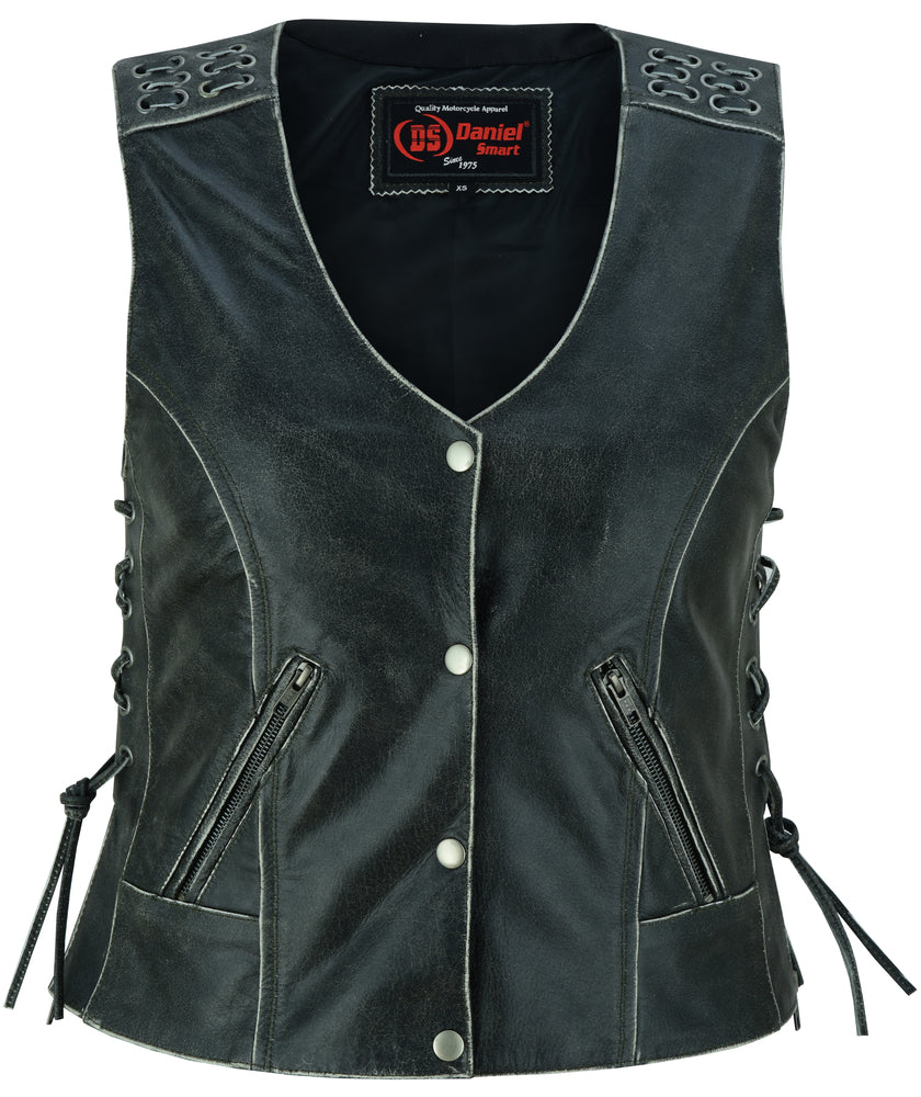 Women's Gray Vest with Grommet and Lacing Accents
