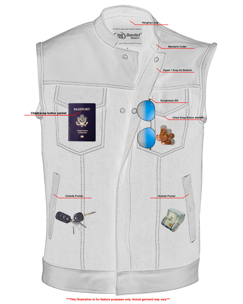 Men's Leather-Denim Combo Motorcycle Vest w/ Scoop Collar