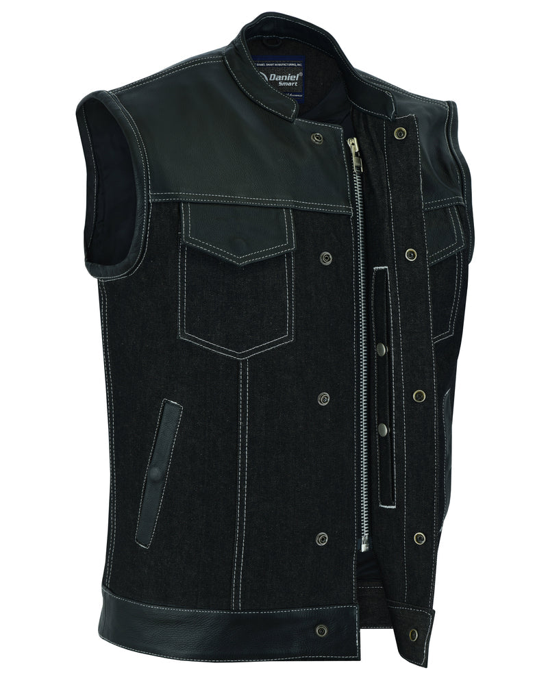 Men's Leather-Denim Combo Motorcycle Vest w/ Scoop Collar