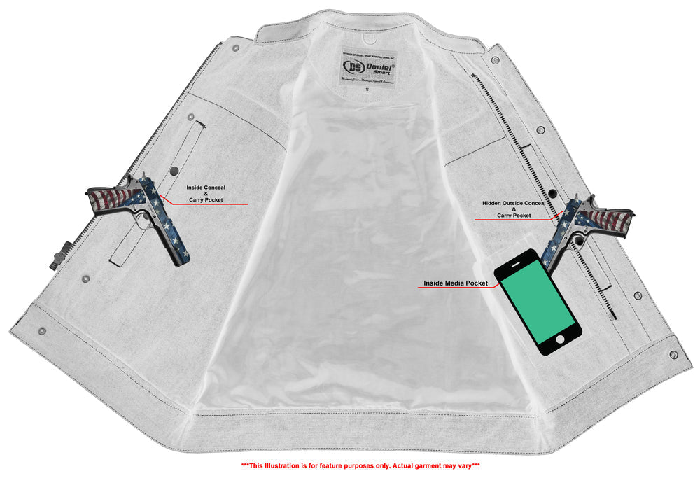 Men's Leather-Denim Combo Motorcycle Vest w/ Scoop Collar