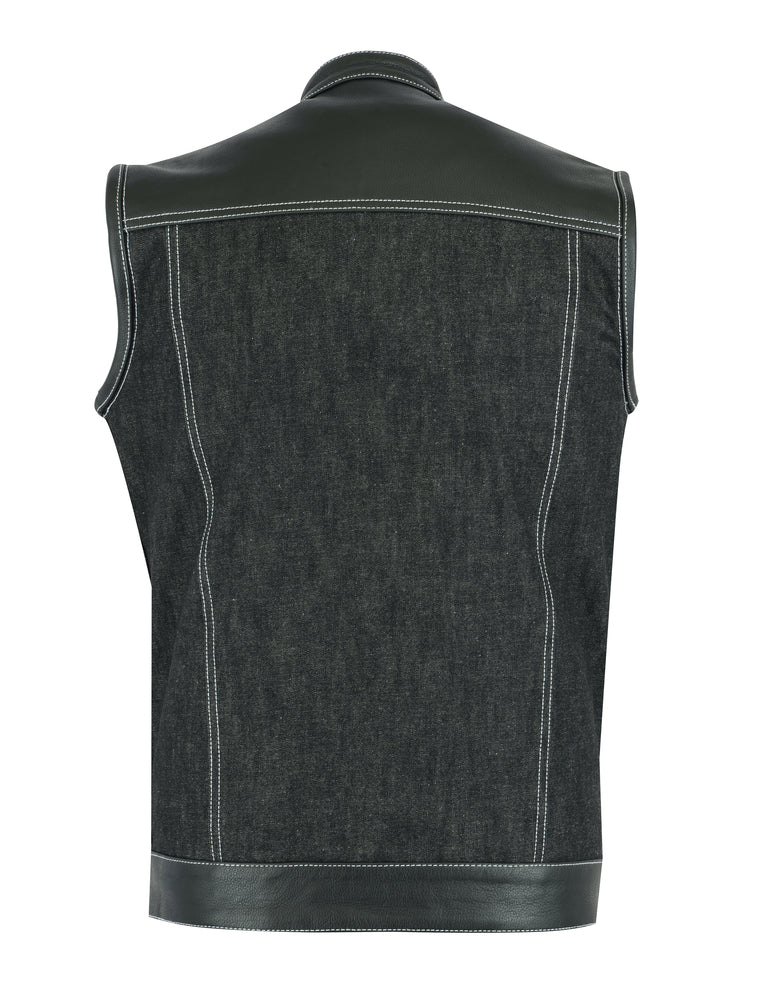 Men's Leather-Denim Combo Motorcycle Vest w/ Scoop Collar